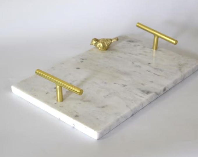 White Marble Tray with Brass Handles | Modern Home Decor Accent