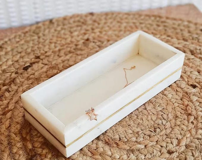 Marble Storage Tray with Brass Accent | Handmade Stone Decor Gift