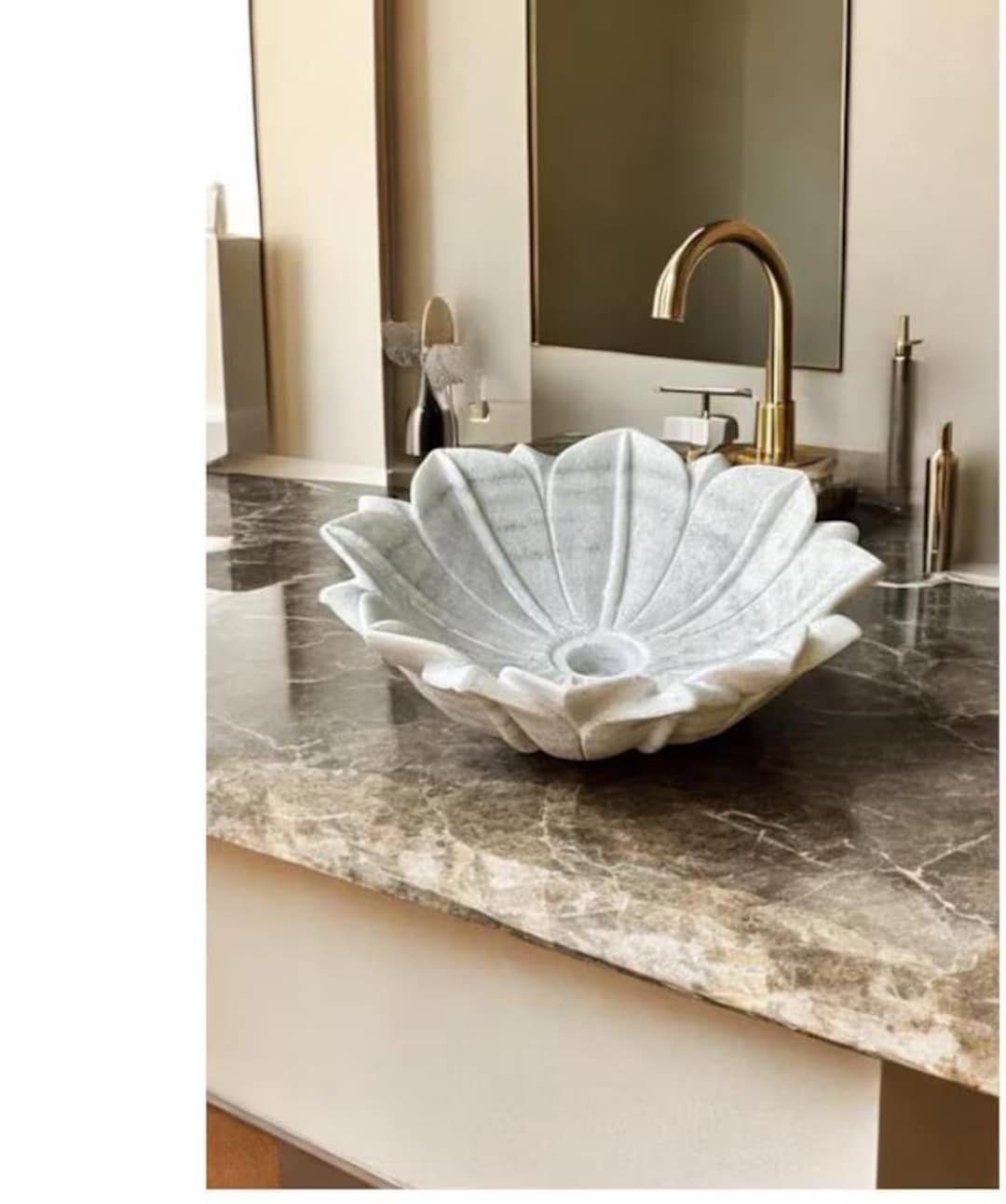 Elegant Lotus Design White Marble Wash Basin – Handcrafted Bathroom ...