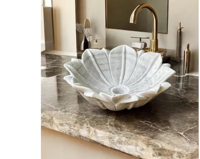 Elegant Lotus Design White Marble Wash Basin – Handcrafted Bathroom Sink