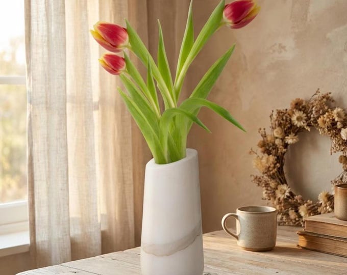 White Marble Vase, Minimalist Stone Flower Vase