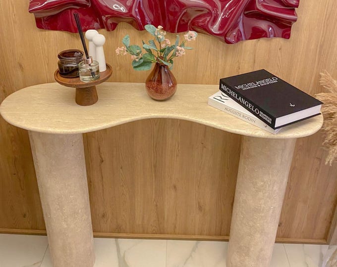 Handmade Travertine Console Table – Modern Curved Stone Entryway Table