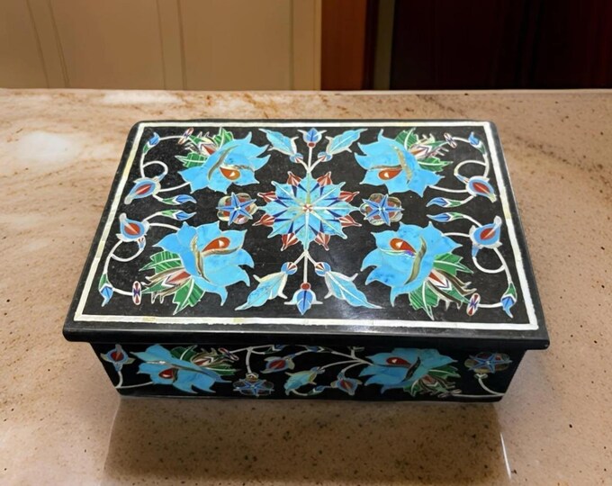 Turquoise Floral Inlay Jewelry Box | Handmade Decorative Trinket Box | Stone Art Keepsake Gift