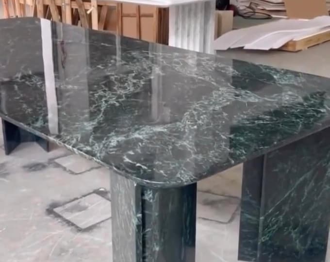 Handcrafted Green Marble Rectangular Dining Table – Modern Luxury Stone Design