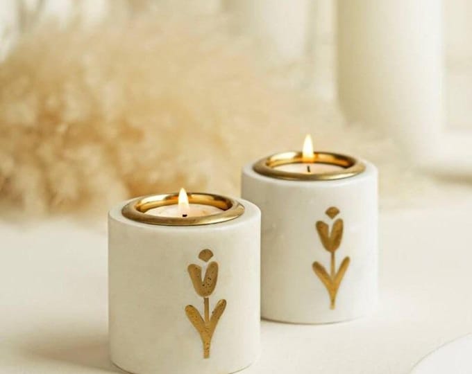 White Marble Tealight Holder – Brass Rim Candle Holder