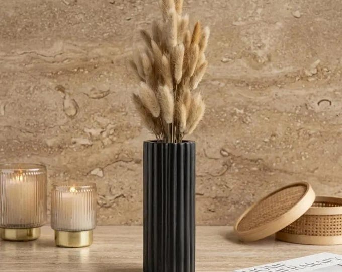 Black Marble Ribbed Vase – Fluted Stone Cylinder Vase