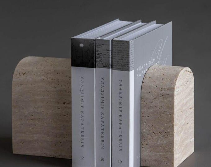 Travertine Bookends Set | Solid Stone Book Holders | Neutral Minimalist Shelf Decor