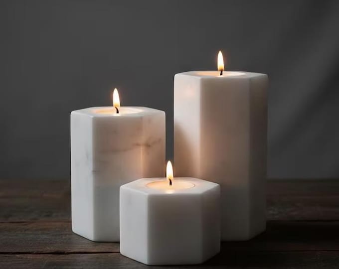 White Marble Candle Holder Set – Modern Hexagon Pillar Candle Holders