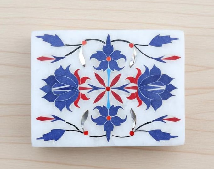 White Marble Inlay Jewelry Box – Blue Floral Pietra Dura Art