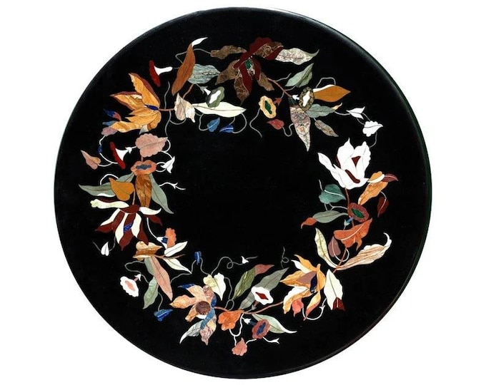 Luxury Black Marble Coffee Table Top, Floral Stone Inlay Pietra Dura Art