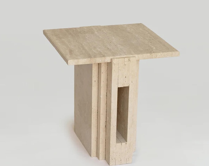 Natural Travertine Stone Square Top Pedestal Side Table