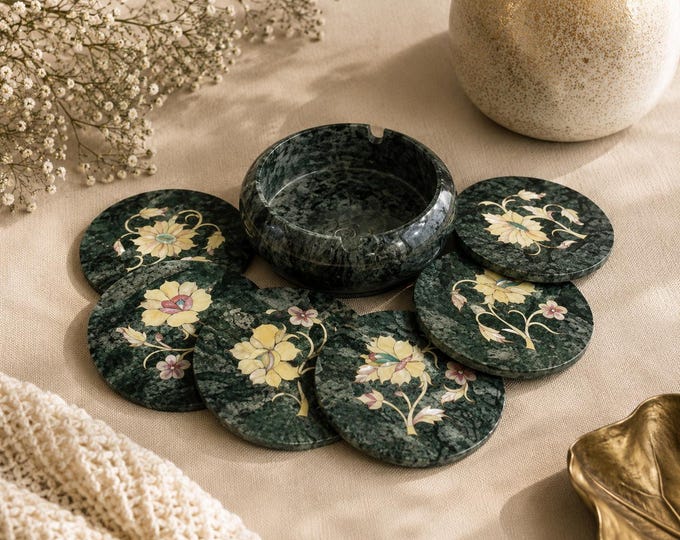 Handmade Green Marble Inlay Coaster Set with Holder –Luxury Table Décor