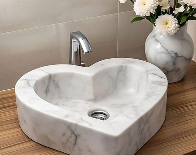 Handcarved White Marble Heart Sink: Elegant Designer Washbasin