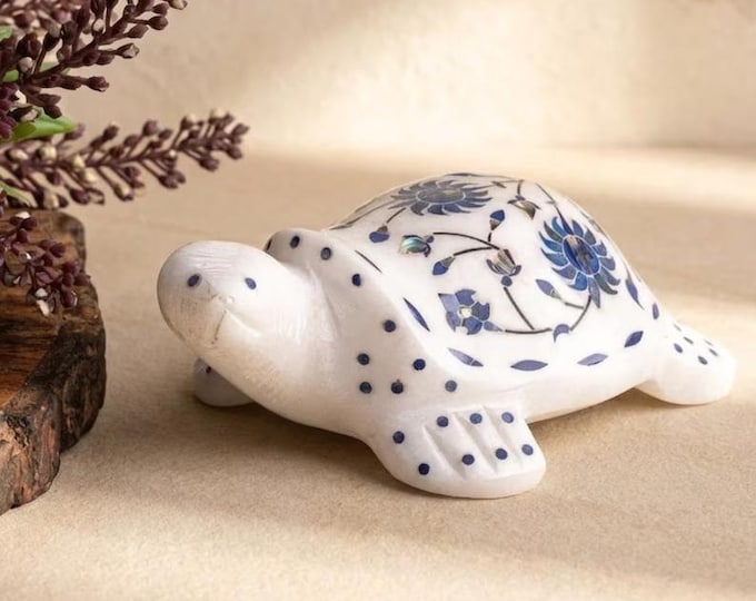 Handcrafted Marble Turtle with Blue Floral Inlay