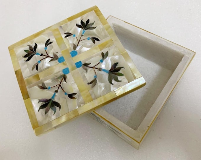 Square Mother of Pearl Jewelry Box | Artisan Floral Inlay Décor | Vintage Style Gift
