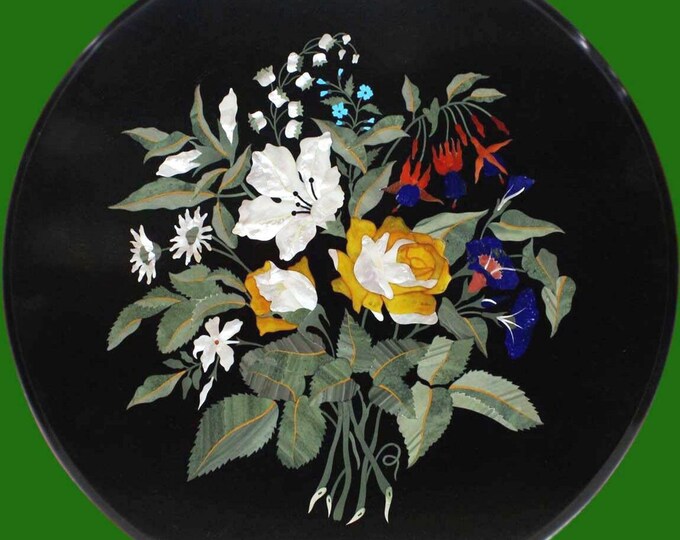 Round  Coffee Table Top, Black Marble, Floral Inlay Pietra Dura Table