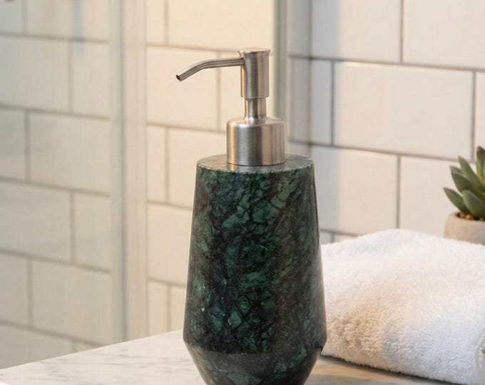 Green Marble Soap Dispenser with Silver Pump – Natural Stone Liquid Soap & Lotion Bottle