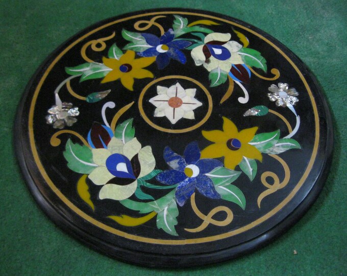 21 x 21 Handmade Pietra Dura Table, Black Round Table Top, Semi precious inlay work, Porch Decor, Coffee Table, Agra Inlay Table, Vintage