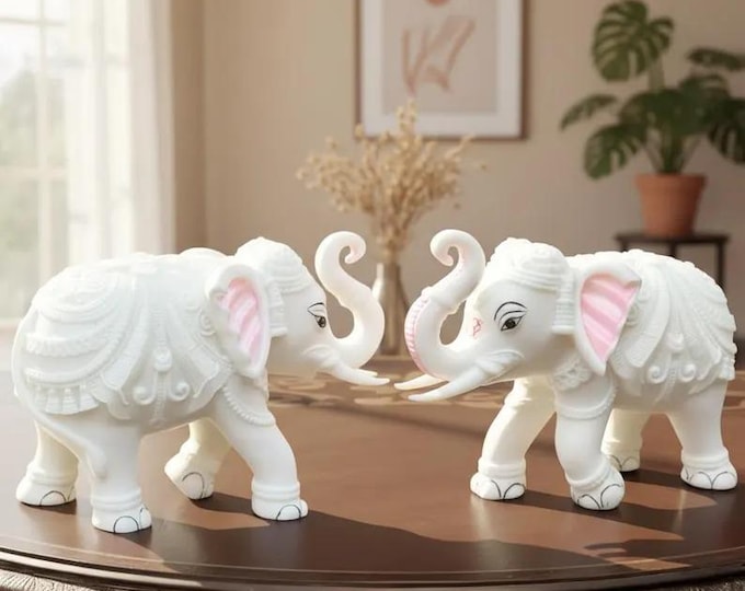 Hand-Carved Marble Elephant Figurine Set – White Stone Elephant Pair