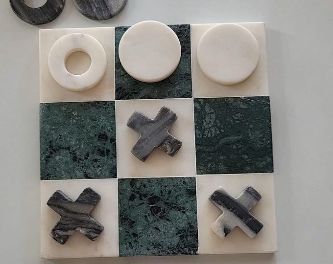 Luxury Green and white Marble Tic Tac Toe Game | Handmade Stone Noughts & Crosses Board