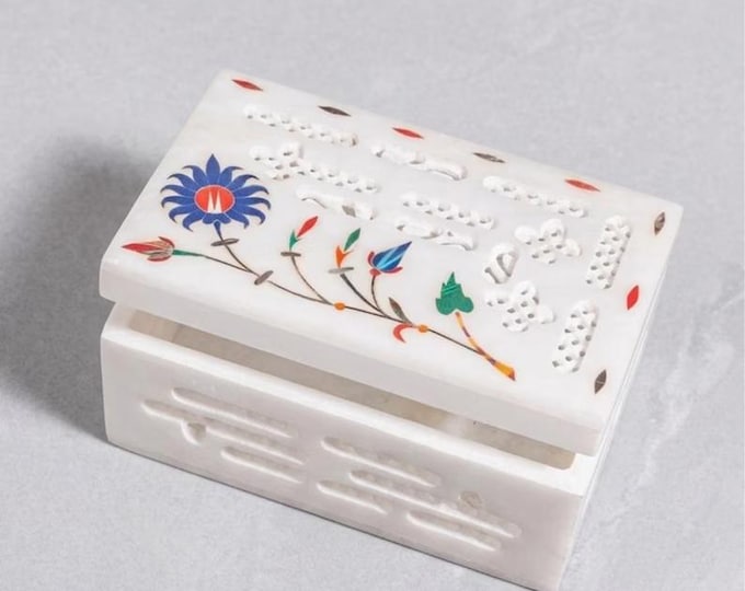 Marble Inlay Jewelry Box, Pietra Dura Semi-Precious Stone Floral Design