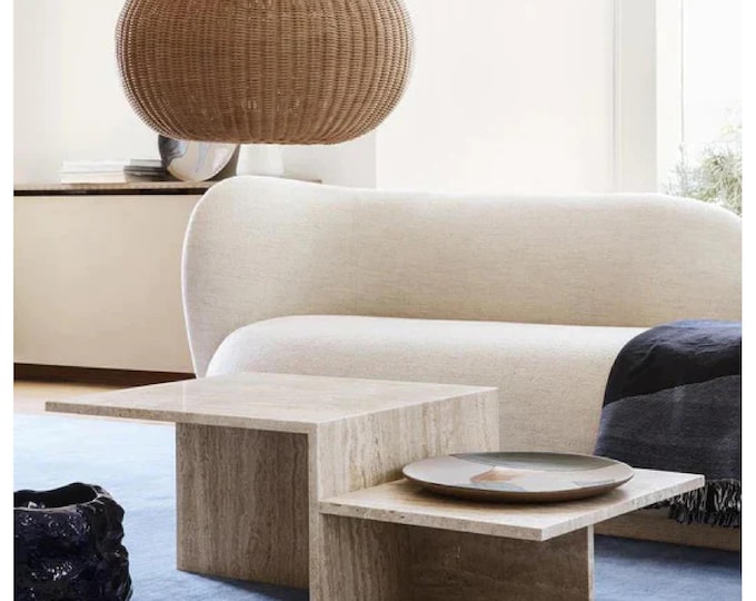 Minimalist Travertine Stone Side Table / Sculptural Accent Stool