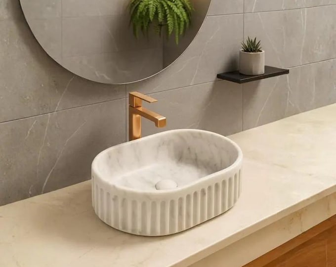 Fluted White Marble Vessel Sink – Round Stone Bathroom Basin