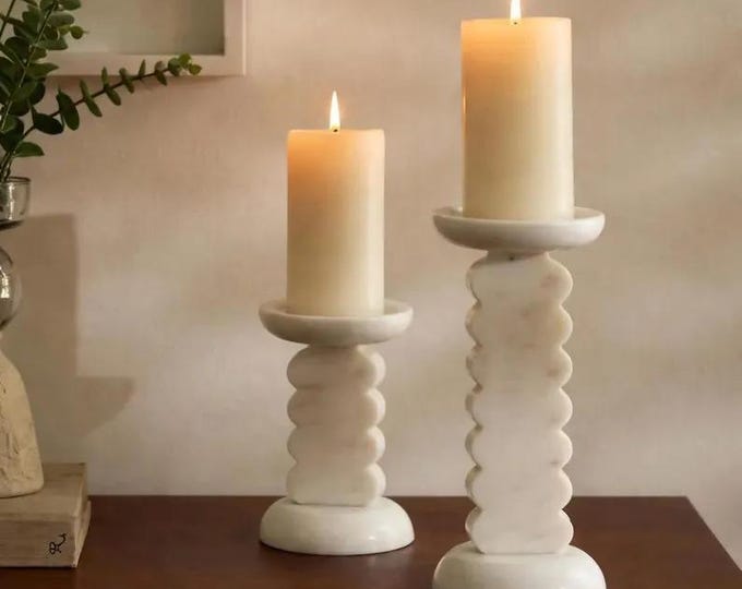Modern Marble Candle Holders Set, Sculptural Pillar Candle Stands