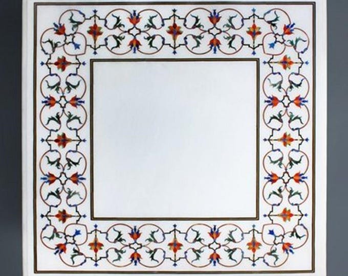Square White Marble Table with Carnelian Stone and Peitra Dura Art