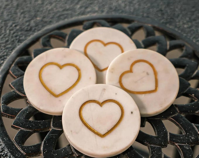 Marble Heart Coaster Set with Brass Inlay, White Stone Coasters