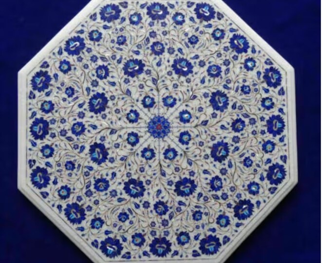 Marble Inlay Coffee Table Top Stone Inlaid Tables with Beautiful lapis Flower Handmade Pietra Dura Art