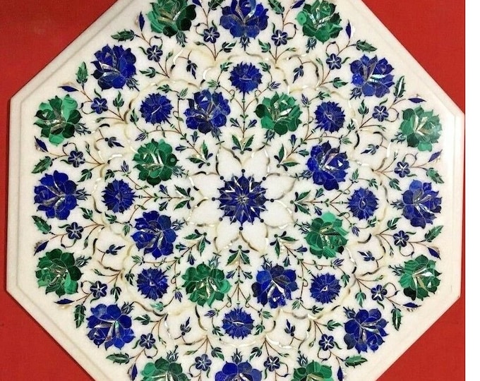 18" White Marble Coffee Inlay Table Lapis Malachite Semi Precious Stones Pietra Dura work