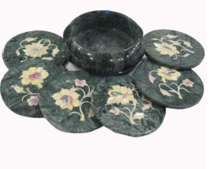 Marble Coaster Set Handmade Semi Precious Stones Work Inlay Home Decor