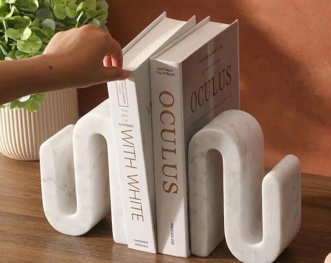 Modern Marble Bookends – Sculptural White Stone Book Holders