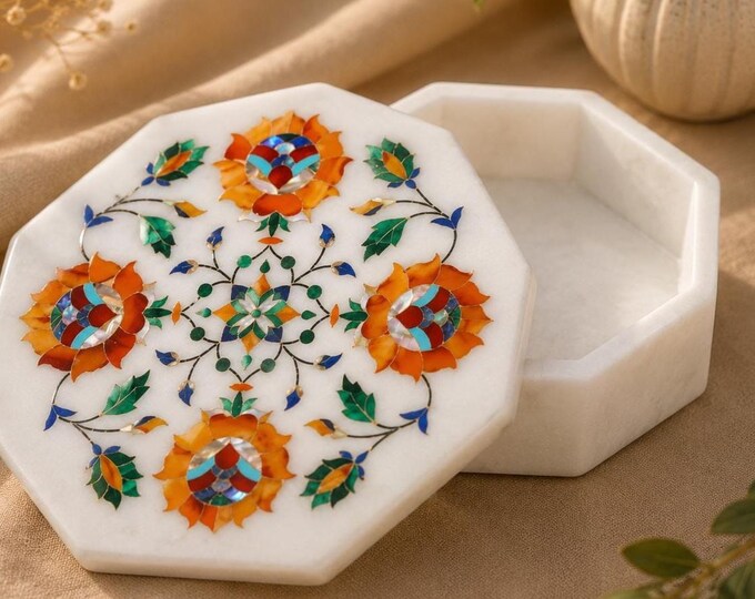 White Marble Octagon Trinket Box: Semi-Precious Stone Inlay Work
