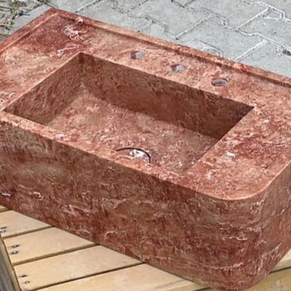 Lavabo in Marmo Travertino Rosso Fatto a Mano | Elegante Lavabo per Mobile da Bagno