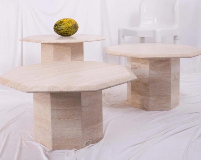 Travertine Coffee Table Set of 3 Natural Stone Pedestal Side Tables