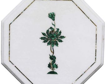 Achteckige Marmor-Tischplatte mit floraler Einlegearbeit aus grünem Malachit