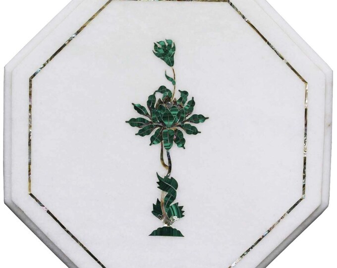 Octagon Marble Inlay Table Top with Green Malachite Stone Floral Design
