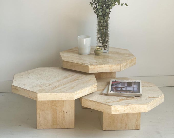 Hexagonal Travertine Coffee Table Set – Natural Stone Low Tables | Handmade Geometric Tables