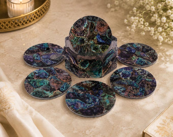 Marble Coaster Set Multi Semi Precious Stones Pietra Dura Overlay Work