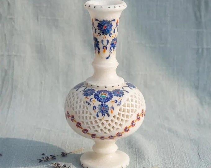 White Marble Inlay Vase – Handcrafted Floral Stone Vase