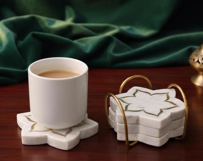 Floral Marble Coaster Set with Brass Holder