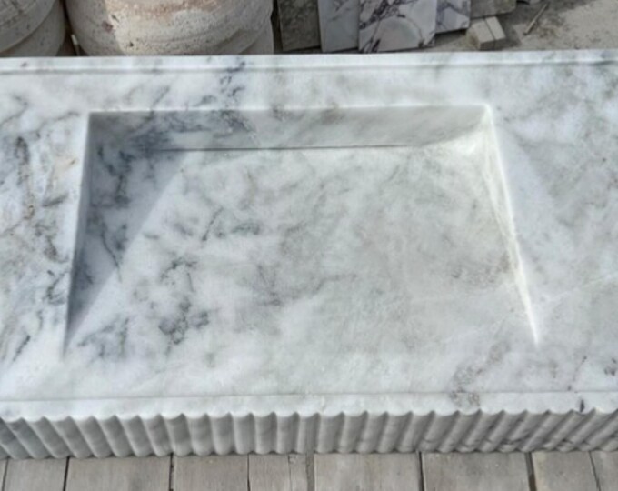 White Carrara Marble Wall-Mounted Sink with Hidden Drain & Ribbed Sides