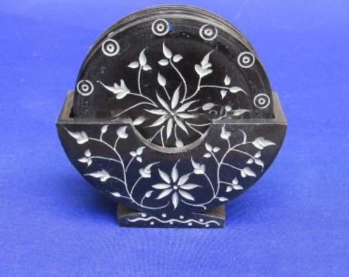 Black Marble Tea Coaster Set Handmade PietraDura Art Work Gift & Home Decor