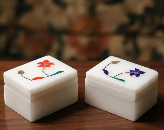 Set of 2 Handcrafted Marble Inlay Jewelry Boxes