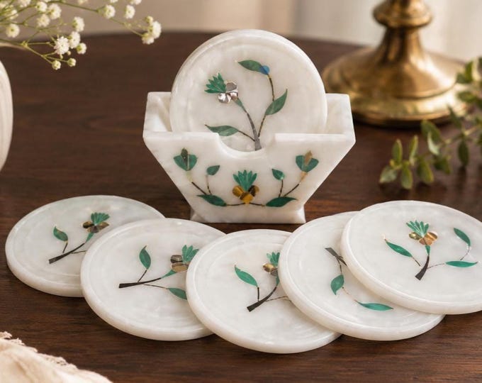 Handmade Marble Floral Coaster Set with Holder, White Marble Drink Coasters,