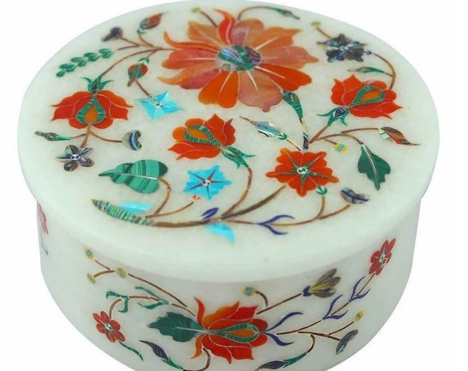 4" x 4" x 2" Marble Jewelry Ring Box Pietra dura Inlay Handmade semi precious stones Works