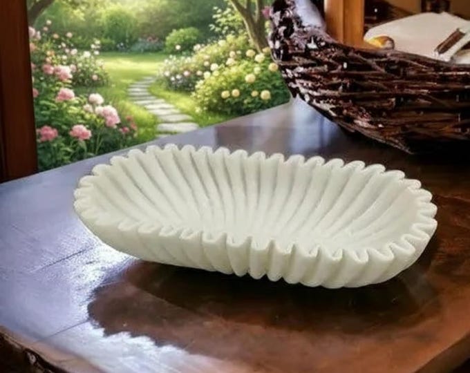 Handcrafted White Marble Fluted Bowl | Elegant Decorative Centerpiece & Fruit Serving Bowl