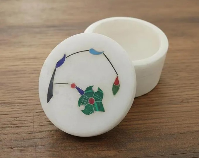 Minimalist Marble Jewelry Box with Colorful Mosaic Lid